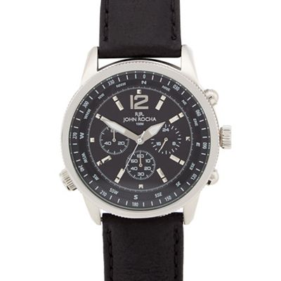 Men's designer black leather chronograph compass watch